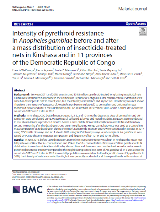 Intensity of pyrethroid resistance in Anopheles gambiae before and after a mass distribution of ITNs in DRC
