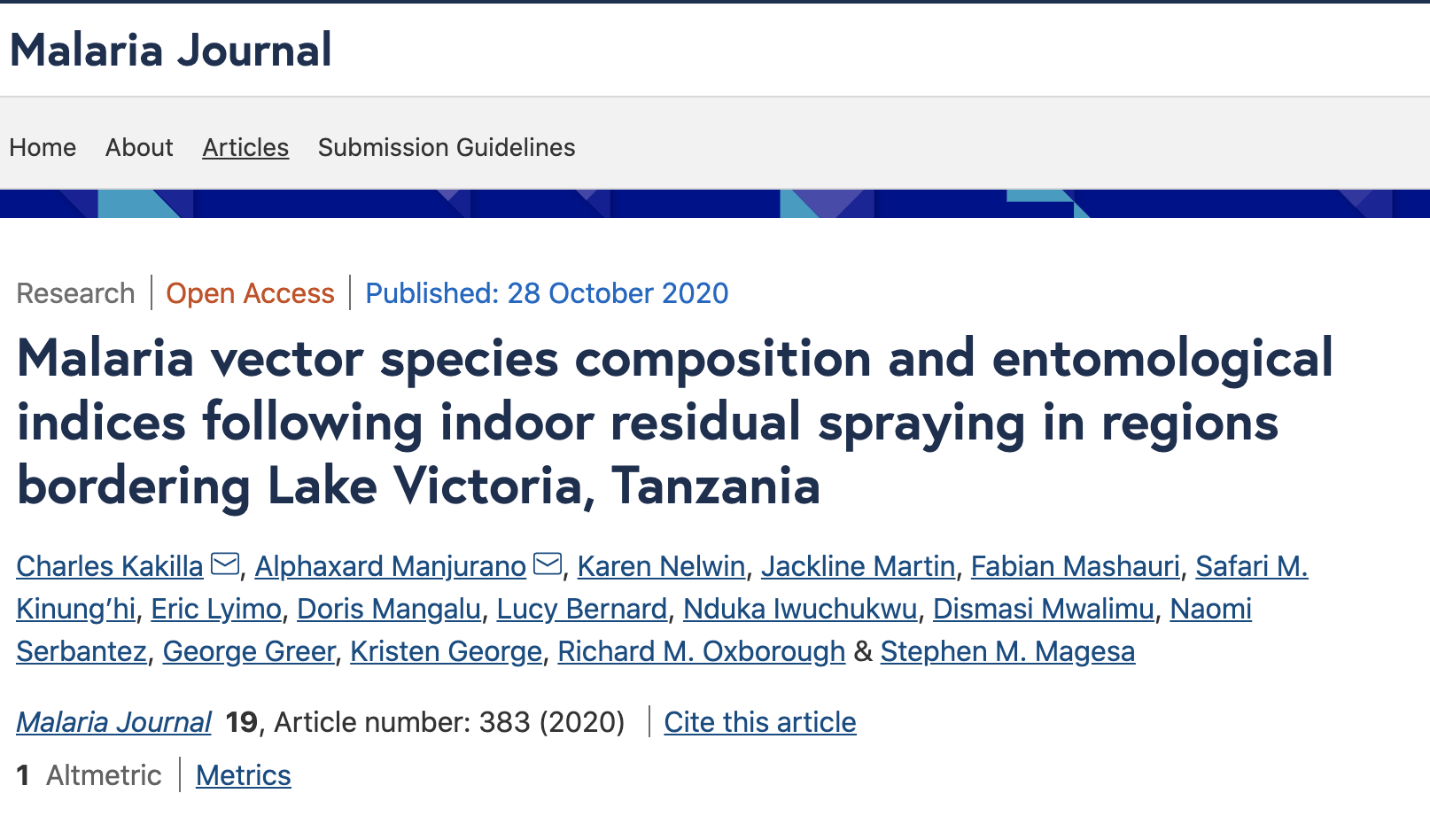 PMI VectorLink study contributes to the understanding of Tanzanian malaria vector transmission risk following IRS.