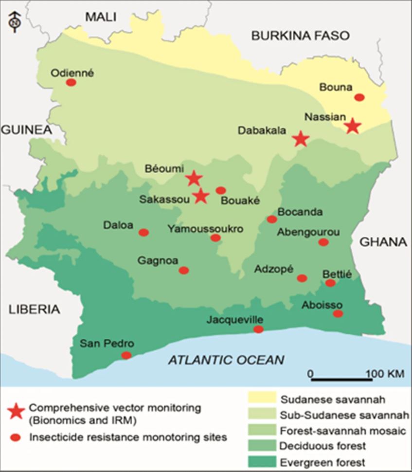 Map of Côte d’Ivoire highlighting sites where entomological monitoring takes place. 