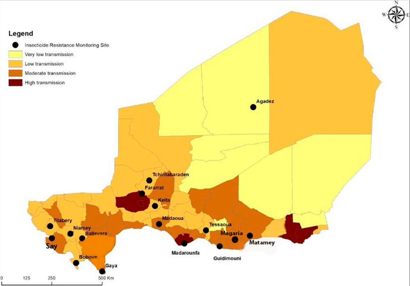 Map of Niger showing the severity of malaria transmission and where insecticide resistance monitoring sites are located.