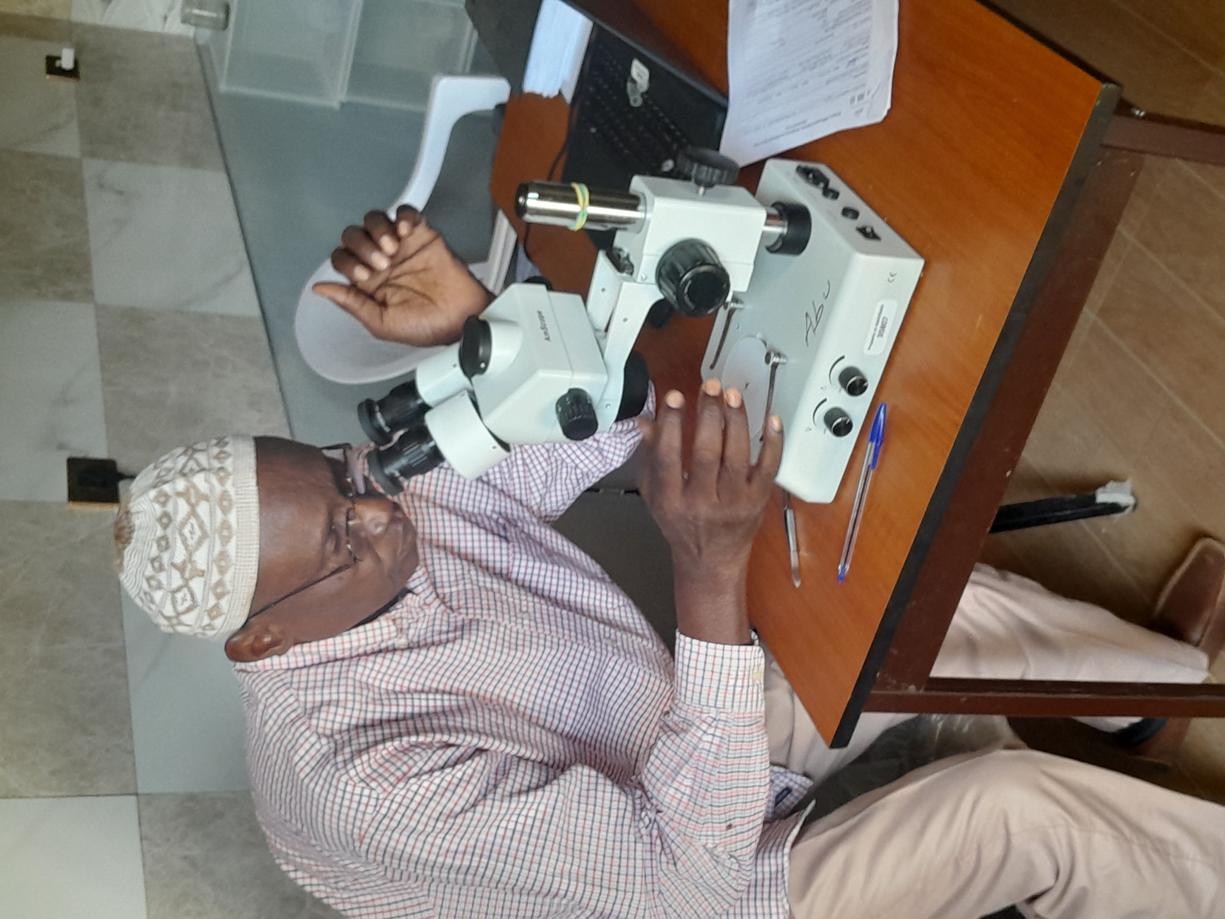 Dr. Auwal Al-Hassan looking at the structure of an Anopheles stephensi mosquito through a microscope in Ethiopia. 