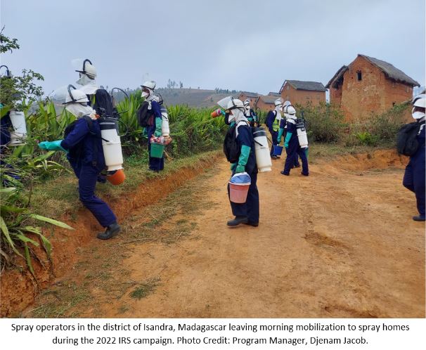 Spray operators in the district of Isandra, Madagascar leaving morning mobilization to spray homes during the 2022 IRS campaign.